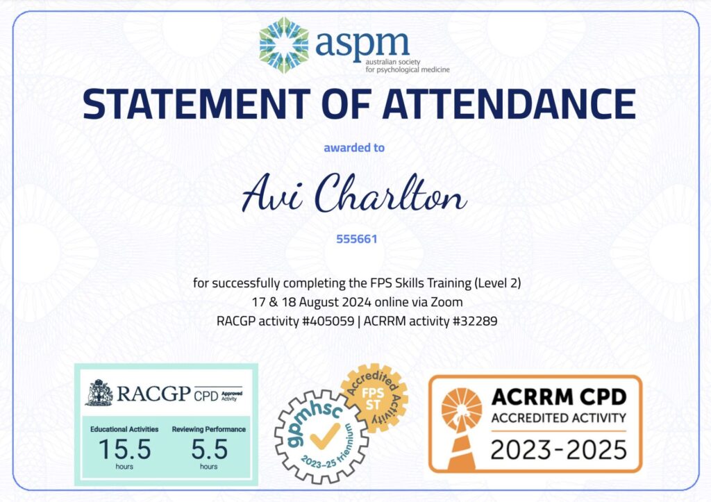 Statement Of Attendance certificate awarded to Avi Charlton.